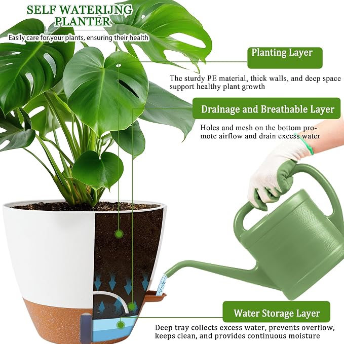 2 Pack 10 inch Plant Pots, Plastic Self Watering Planters | Drainage Holes - Image 3