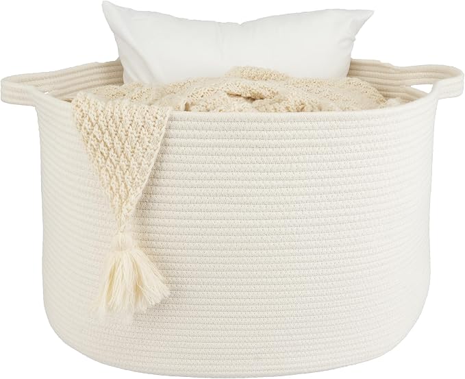 XUANGUO Extra Large Cotton Rope Round Storage Basket 22" x 14" White | Woven by XUANGUO
