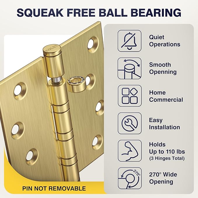KOLET Ball Bearing Door Hinges, 4 x 4 Inches, Brushed Gold, 3 Pack | Square - Image 4