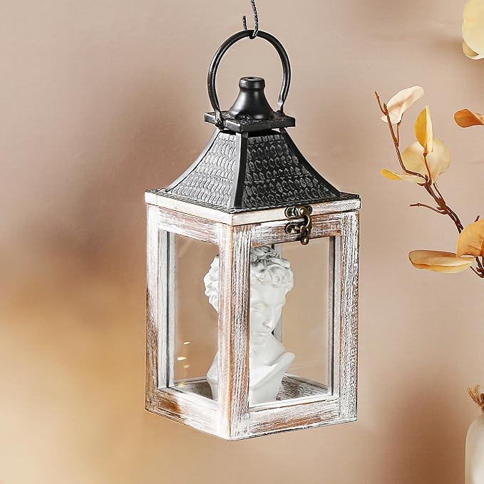 12" High Farmhouse Decorative Lantern, Glass and Metal, Distressed White Wood - Image 4