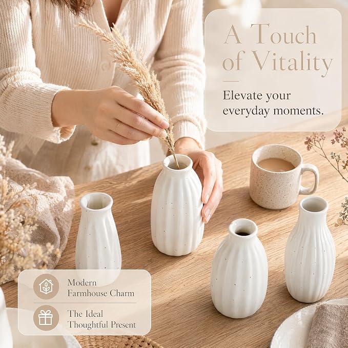 Set of 4 Small White Ceramic Vases Table Flower Vase Modern Decorative Vases - Image 5
