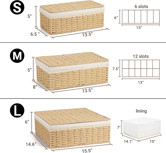 Nonam Large Basket with Lid set of 3, Rattan Divided Baskets Organizer - Image 2