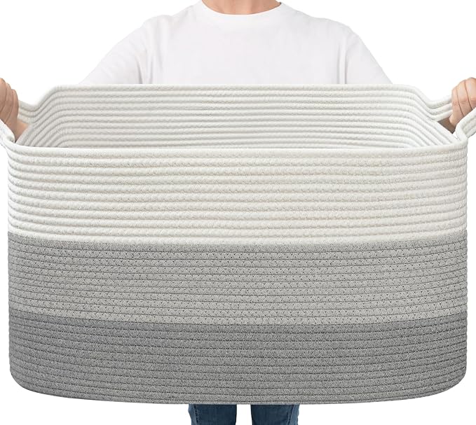 Goodpick Large Woven Rope Blanket Basket, Light Gray | 21.6'' x 14.9'' x 11.8'' by Goodpick