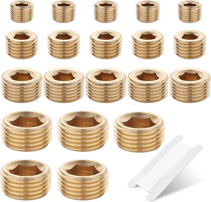 20PCS Brass Pipe Fitting Socket Plugs Kit, 1/8" 1/4" 3/8" 1/2" NPT | Male by Ailbiuko