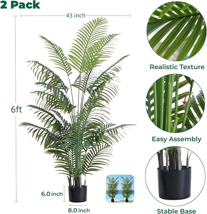 6FT Tall Artificial Palm Trees, Tropical Areca Palm | Potted Faux Plant - Image 4