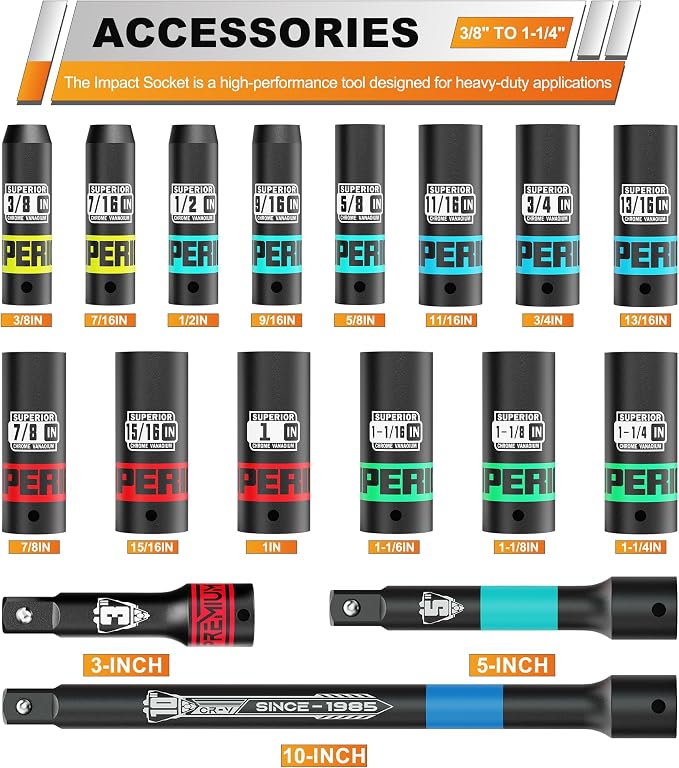 17 Piece 1/2" Drive Impact Socket Set, 3/8" - Image 2