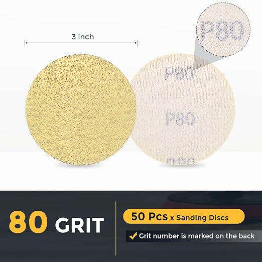 HARFINGTON 50 Pcs 3 Inch Sanding Discs 80 Grit Yellow Aluminum Oxide | Hook and - Image 2