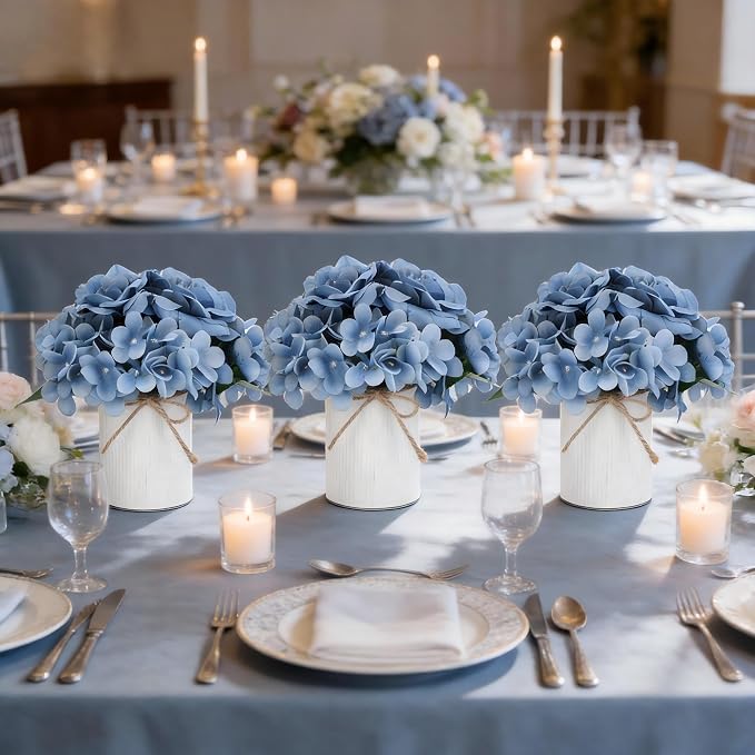 Dusty Blue Flower Table Centerpieces, Hydrangeas & Rose | Floral Arrangement - Image 4