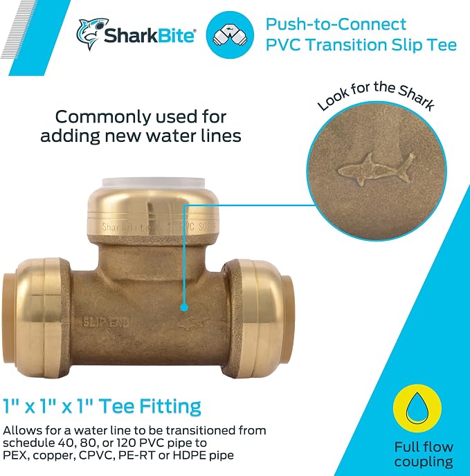 SharkBite 1 Inch Slip CTS x CTS x PVC Transition Slip Tee, Push To Connect - Image 2
