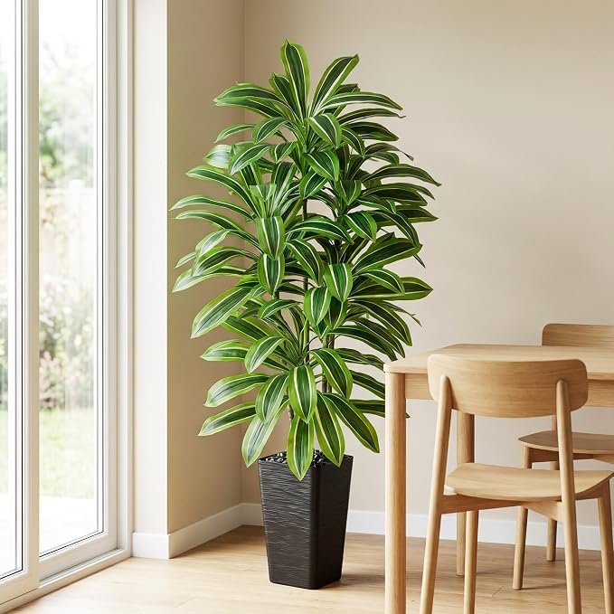 Artificial Dracaena Tree: 6FT Fake Plants Silk Faux Trees（Black Pot） | - Image 9