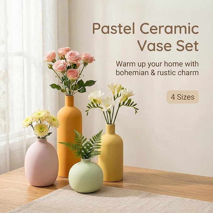 Macaron Ceramic Vase Set of 4, Modern Colors Home Decor, Rustic Farmhouse - Image 4