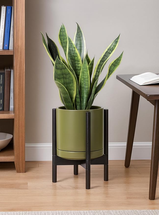 D'vine Dev Ceramic Pot with Ebony Wood Stand, 10 in, 55-B-L-J | Mid-Century - Image 2
