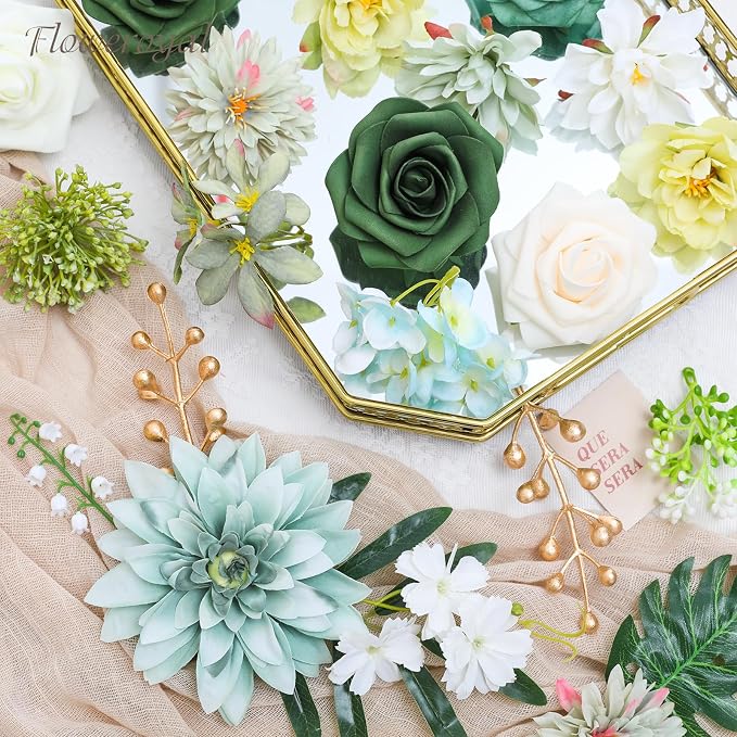Artificial Flowers Combo Green Flowers Mix Silk Flowers Dahlia Roses - Image 6