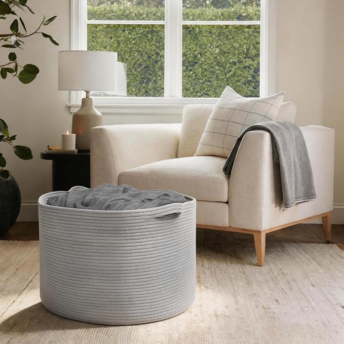 115L Super Large Gray Blanket Basket, 23.6"x15.7" Woven Cotton Rope Storage - Image 4