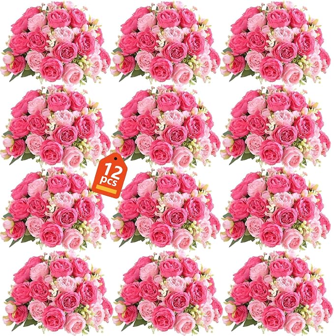 peonies artificial flowers 12 Bundles pink flowers bouquet, Lifelike Silk Fake by Unknown
