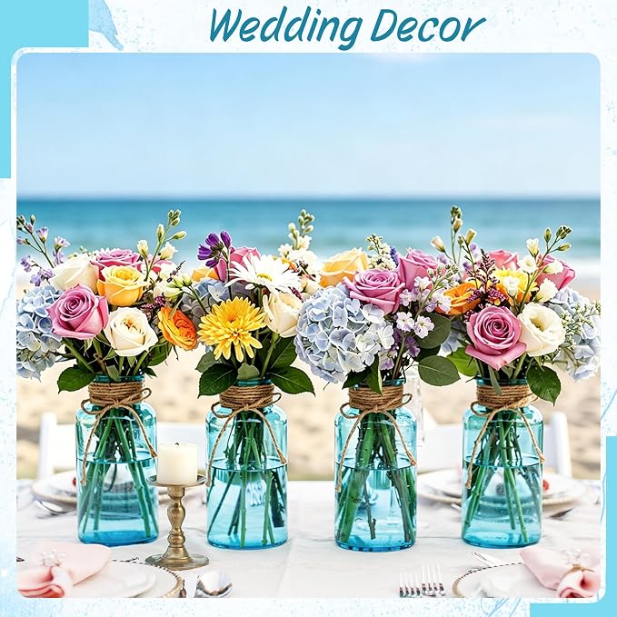 6 Pack Mason Jar Vases for Centerpieces, Aqua Blue Glass Flower Vase | Vintage - Image 6