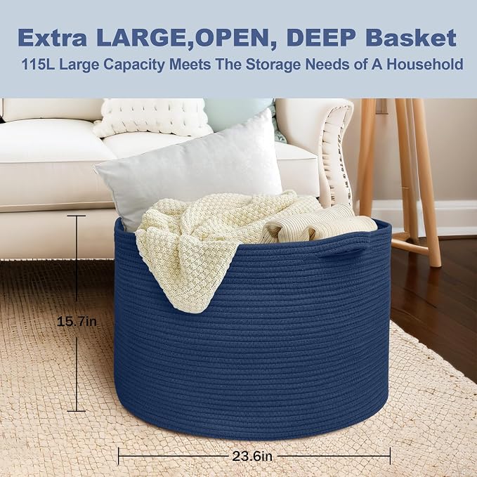 115L Dark Blue Basket for Organizing, 23.6" x 15.7" XXXL Woven Cotton Rope - Image 3