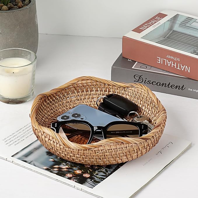 Hipiwe Natural Rattan Tray 8.5" Wicker Key Basket Bowl - Image 3