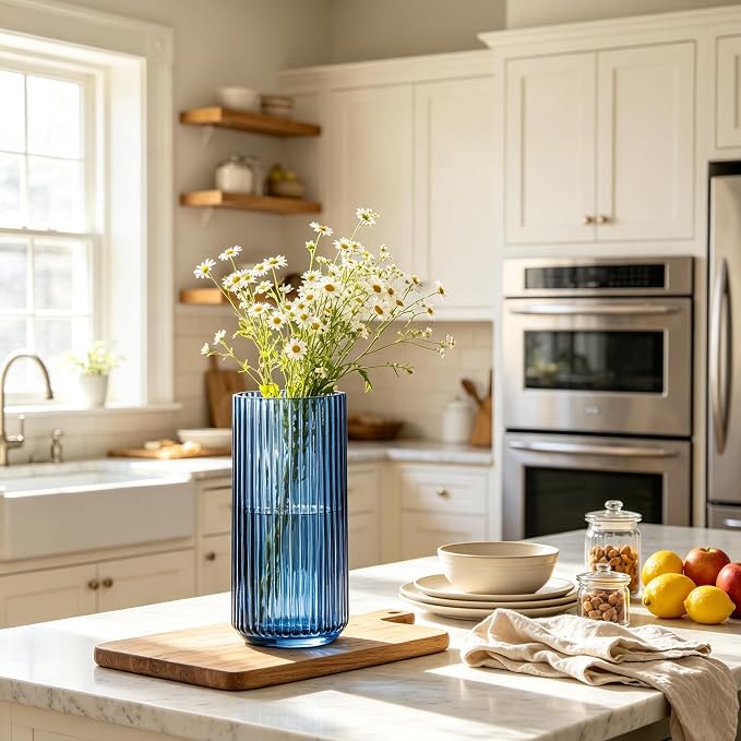 10 inch Blue Glass Flower Vase for Pampas Grass, Medium Decorative Centerpiece - Image 4