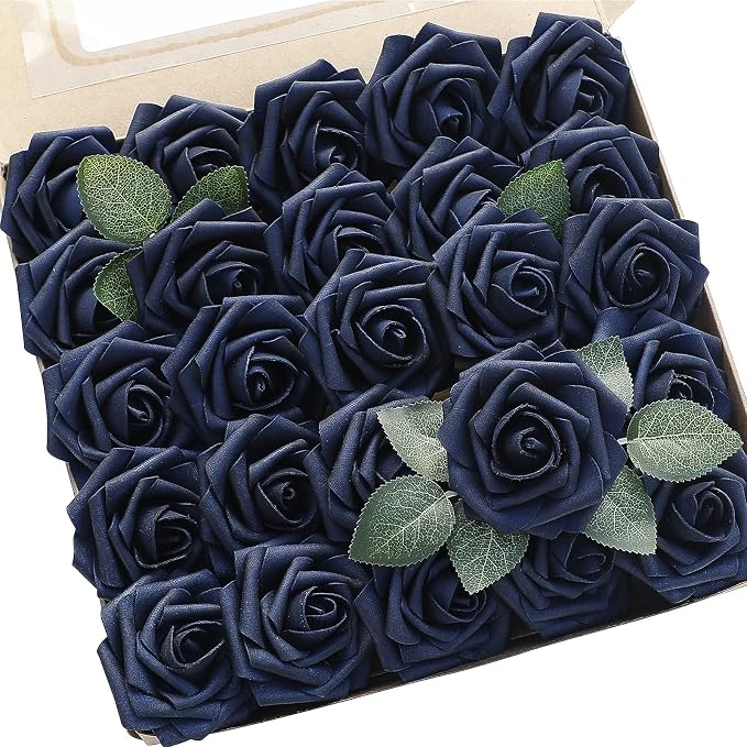 Artificial Flowers 50pcs Real Looking Navy Blue Foam Fake Roses by Floroom