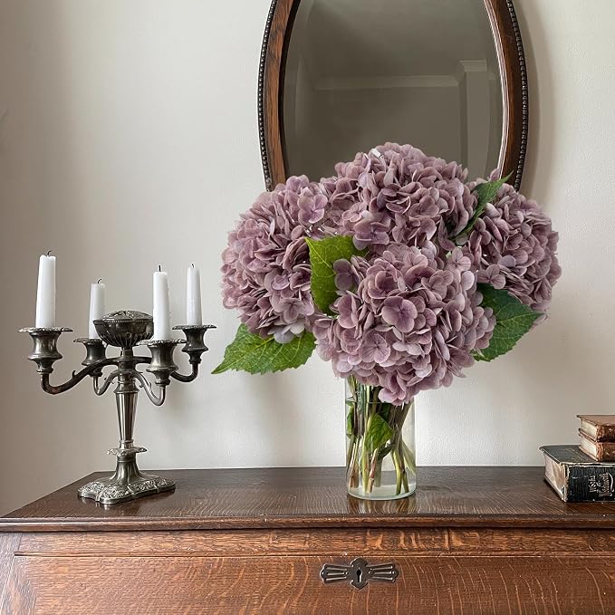 YalzoneMet 3 Pcs Vintage Mauve Hydrangea Artificial Flowers Gray Purple 21'' - Image 6