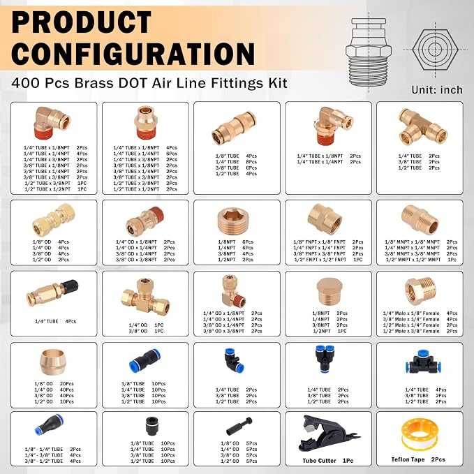 CheeMuii 400Pcs Brass DOT Air Line Fittings Pipe Fittings Pneumatic Unions | - Image 2