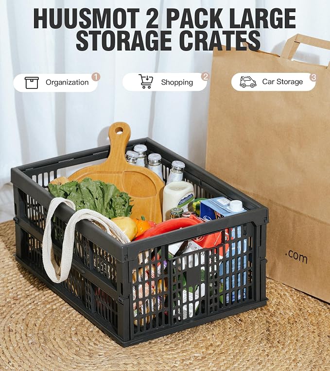HUUSMOT 2-Pack Collapsible Plastic Storage Baskets, Dark Grey, Space-Saving - Image 2