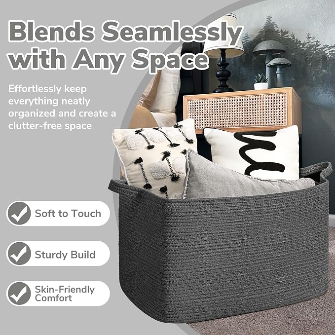 Goodpick 85L Large Woven Rope Blanket Basket, Dark Gray | 23.6'' x 15.7'' x - Image 5