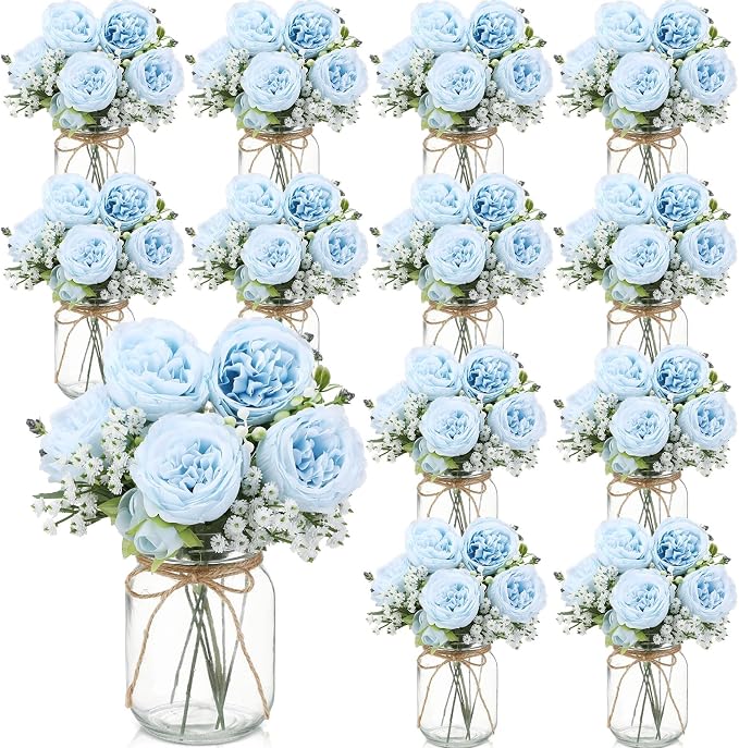 12 Sets Mason Jar Flowers Centerpiece Table Decorations, Artificial Peony by Zeyune