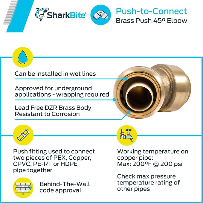 SharkBite 3/4 Inch 45 Degree Elbow, Push to Connect Brass Plumbing Fitting - Image 6