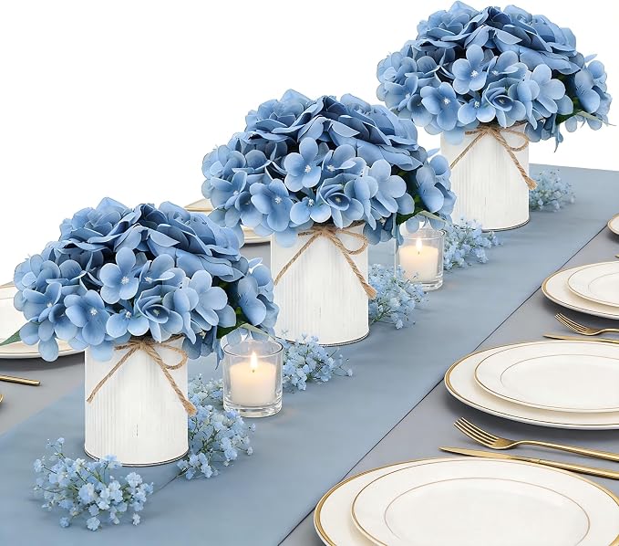 Dusty Blue Flower Table Centerpieces, Hydrangeas & Rose | Floral Arrangement - Image 2