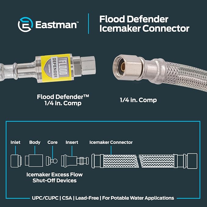 Eastman Ice Maker Connector, 1/4 Inch Compression, Flood Defender Auto Shutoff - Image 6