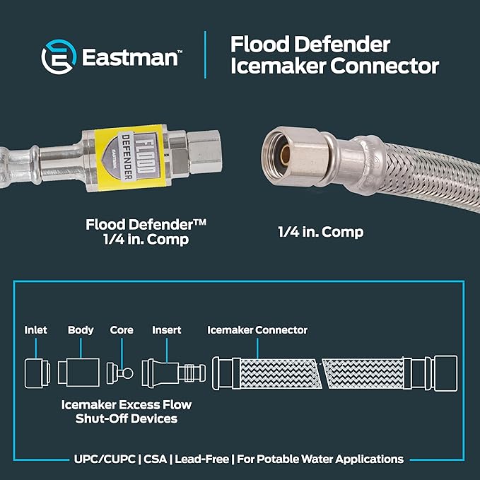 Eastman Ice Maker Connector, 1/4 Inch Compression, Flood Defender Auto Shutoff - Image 6