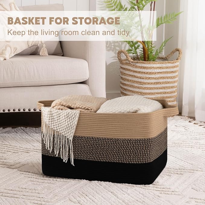 OIAHOMY Extra Large Blanket Basket, 95L Cotton Rope Woven Laundry Basket - Image 3