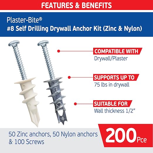 Plaster Bite Self-Drilling Drywall Anchor Kit Includes 50 Nylon & 50 Zinc - Image 2