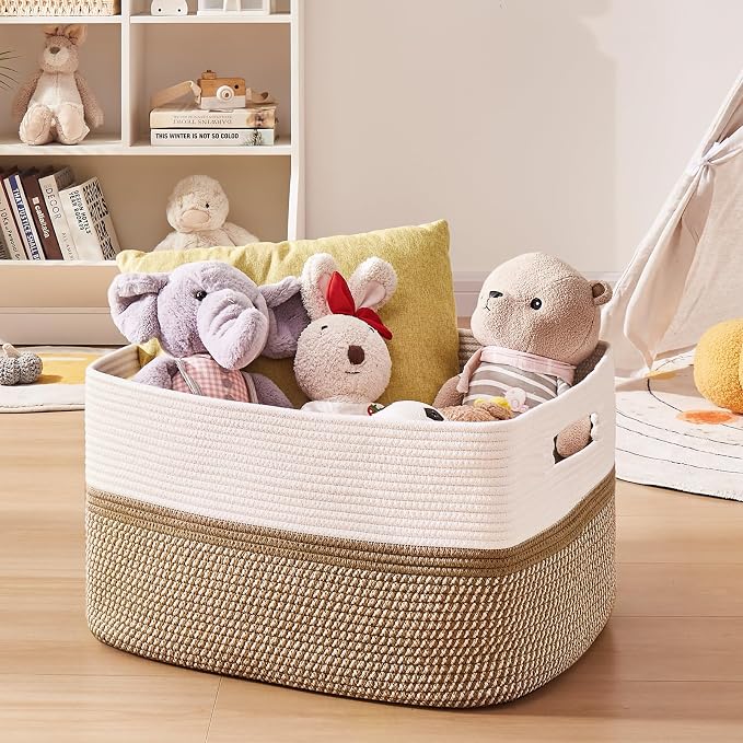 OIAHOMY Blanket Basket Laundry Basket Dog Toy Basket 75L Yellow/White | Large - Image 5