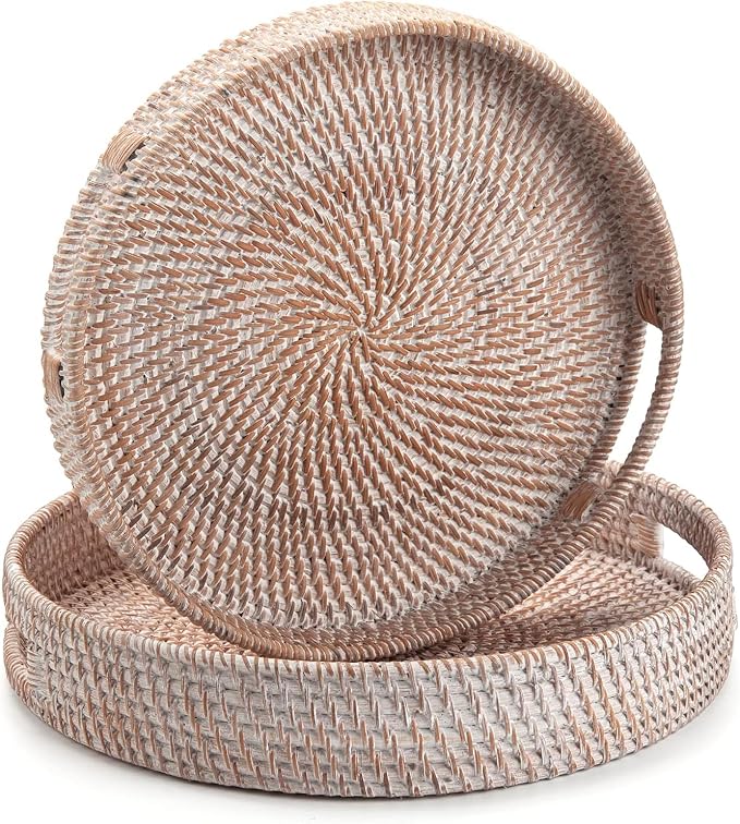 2 Pack Round Rattan Tray, Hand Woven Serving Tray - Image 2