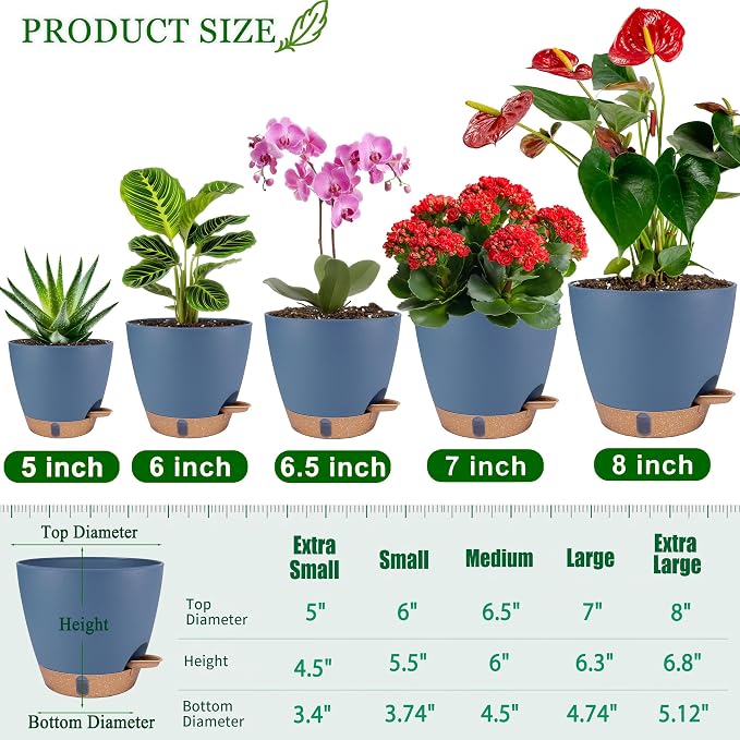 Self Watering Pots for Inoor Ourdoor Plants 8/7/6.5/6/5" Plastic Planters | - Image 6