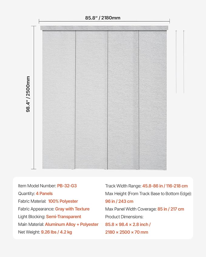 VEVOR Panel Track Blinds, Extendable Track from 45.8 in to 86 in W, Trimmable - Image 7