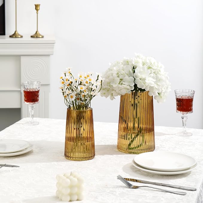 Ribbed Flower Vases Set of 2, Amber Vases - Image 5