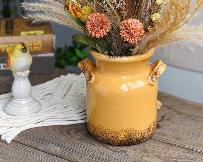 Quoowiit Ceramic Rustic Farmhouse Vase, Distressed Decorative Flower Vase - Image 2