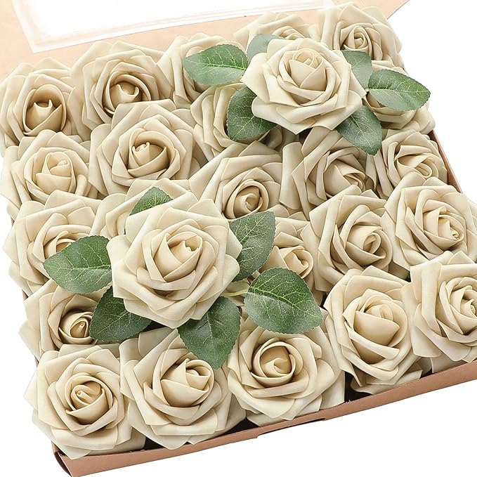 Artificial Flowers 25pcs Real Looking Beige Foam Fake Roses by Floroom