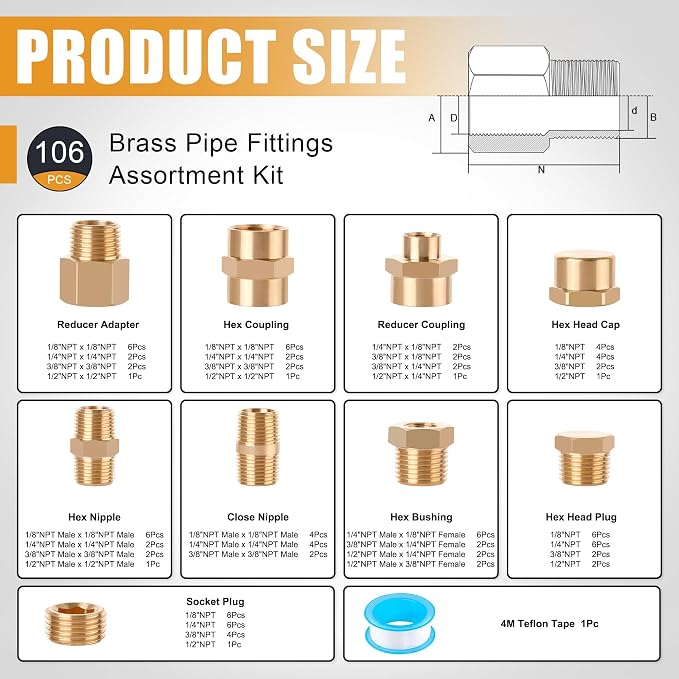 106PCS Brass Pipe Fittings Assortment Kit, 1/8" 1/4" 3/8" 1/2" NPT | Extension - Image 2