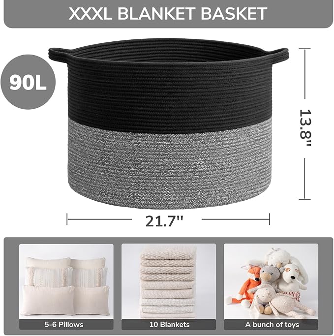 INDRESSME XXXLarge Woven Rope Blanket Basket Living Room Black Grey | 21.7" x - Image 3