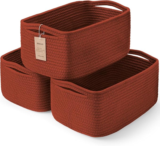 3 Pack Storage Baskets for Organizing, 13.7×9.5×6.3", Brick Red | Woven Baskets by MaxuniTechLife