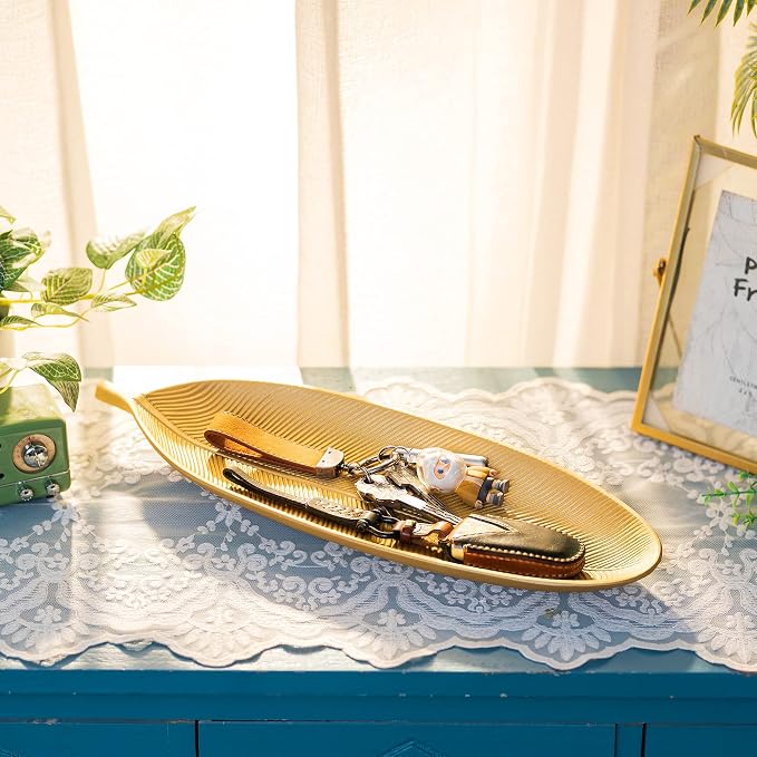 Hanobe Decorative Trays for Home Decor, Leaf Shaped Wood Key Bowl | 16" Gold - Image 6
