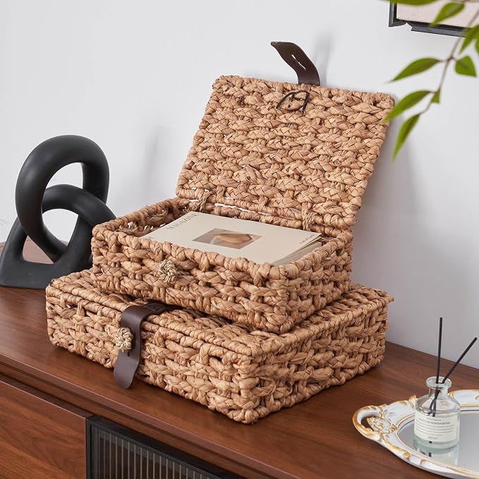 Decorative Box with Lid, Wicker Storage Basket, Water Hyacinth Woven Decorative - Image 4