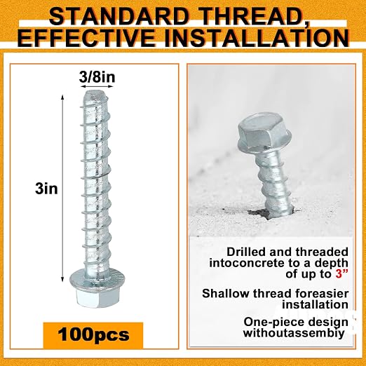 Hicarer 100 Pack 3/8" x 3" Concrete Screws Galvanized - Image 2