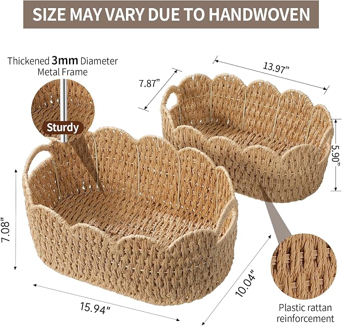 Coeusy Paper Rope Scalloped Basket Set of 2, Wicker Storage Baskets - Image 4