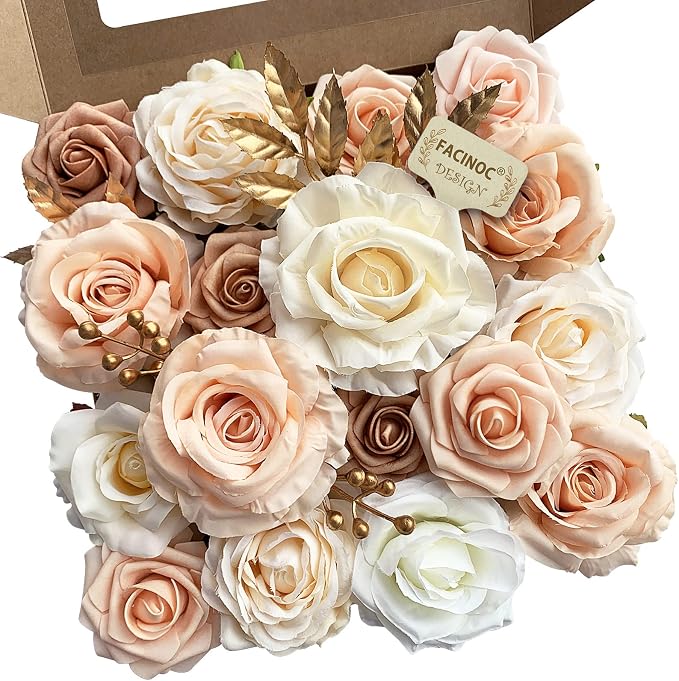 FACINOC Roses Artificial Flowers Champagne Nude Bouquet by FACINOC